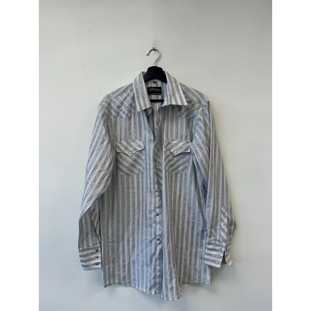 Vintage White Horse‎ Shirt Large Gray Striped Western Pearl Snap Rodeo Cowboy